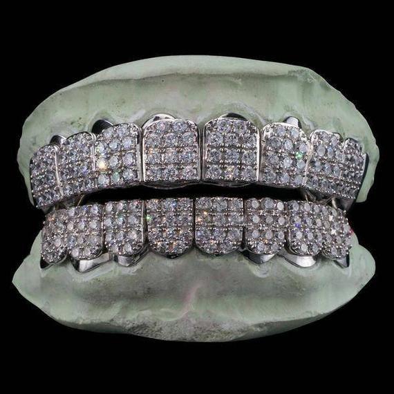 Top and Bottom CUSTOM GRILLZ with CZ/lab diamond prongset block ice out 925  Silver by Grillzstation . | Grillz, Custom grillz, Gold grillz
