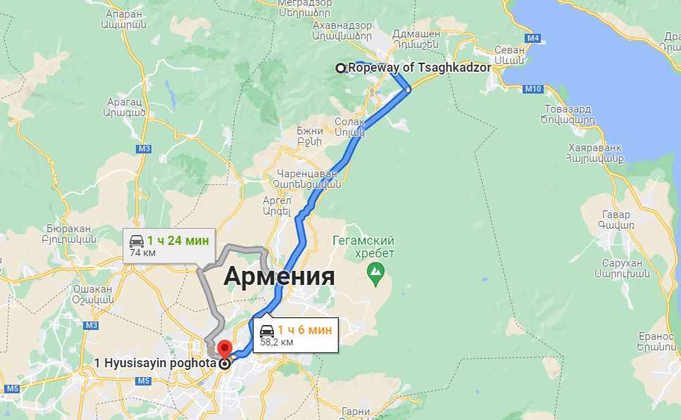 Карта, как добраться от Еревана до Цахкадзора