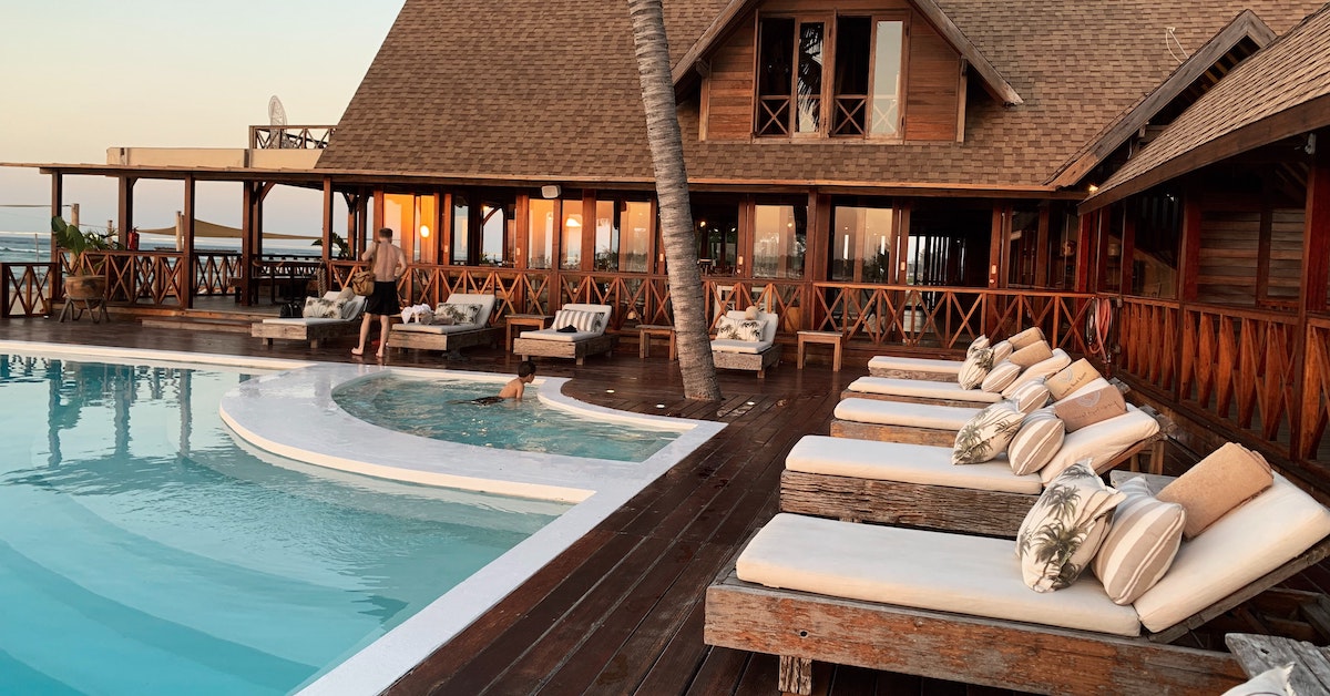 poolside cabanas in an ocean-side resort