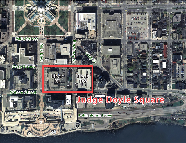 A satellite image of the southern portion of downtown Madison. Highlighting the site of the Judge Doyle square project site.