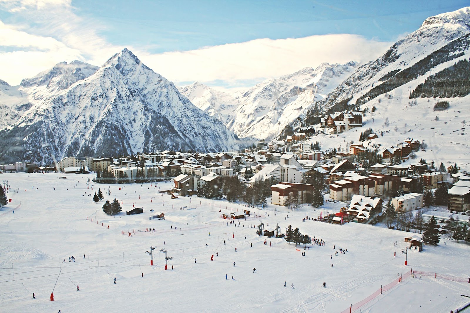 Enormous ski resort amongst snowy mountains