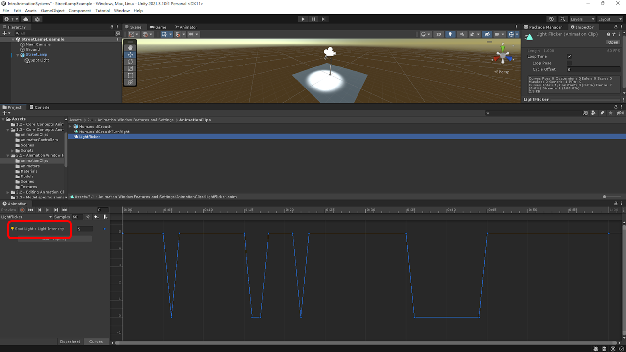 LightFlicker動畫片段只有一個Spot Light的Light Intensity的binding value組合。