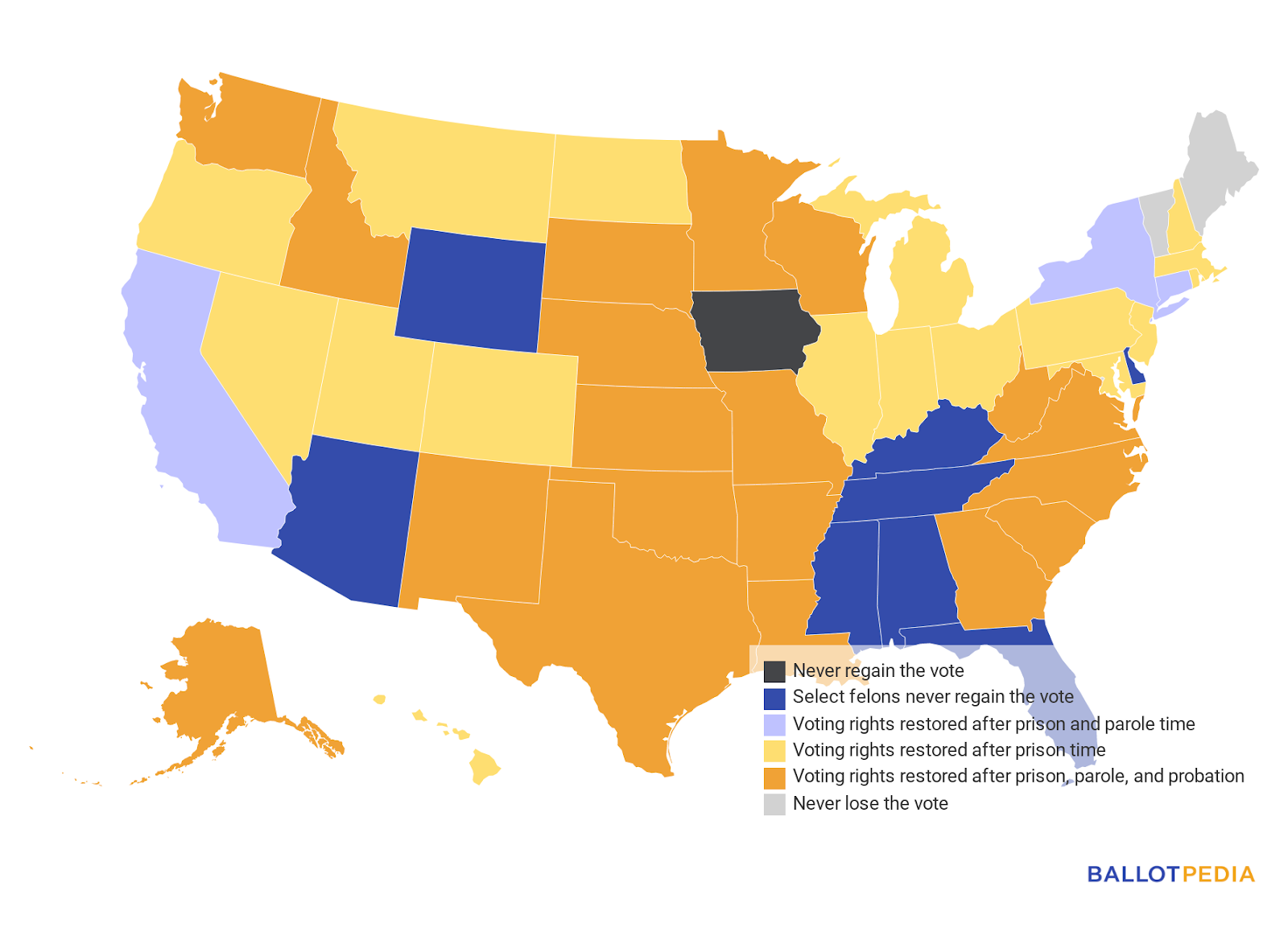 A map showing which shows the status of voting rights for felons by state