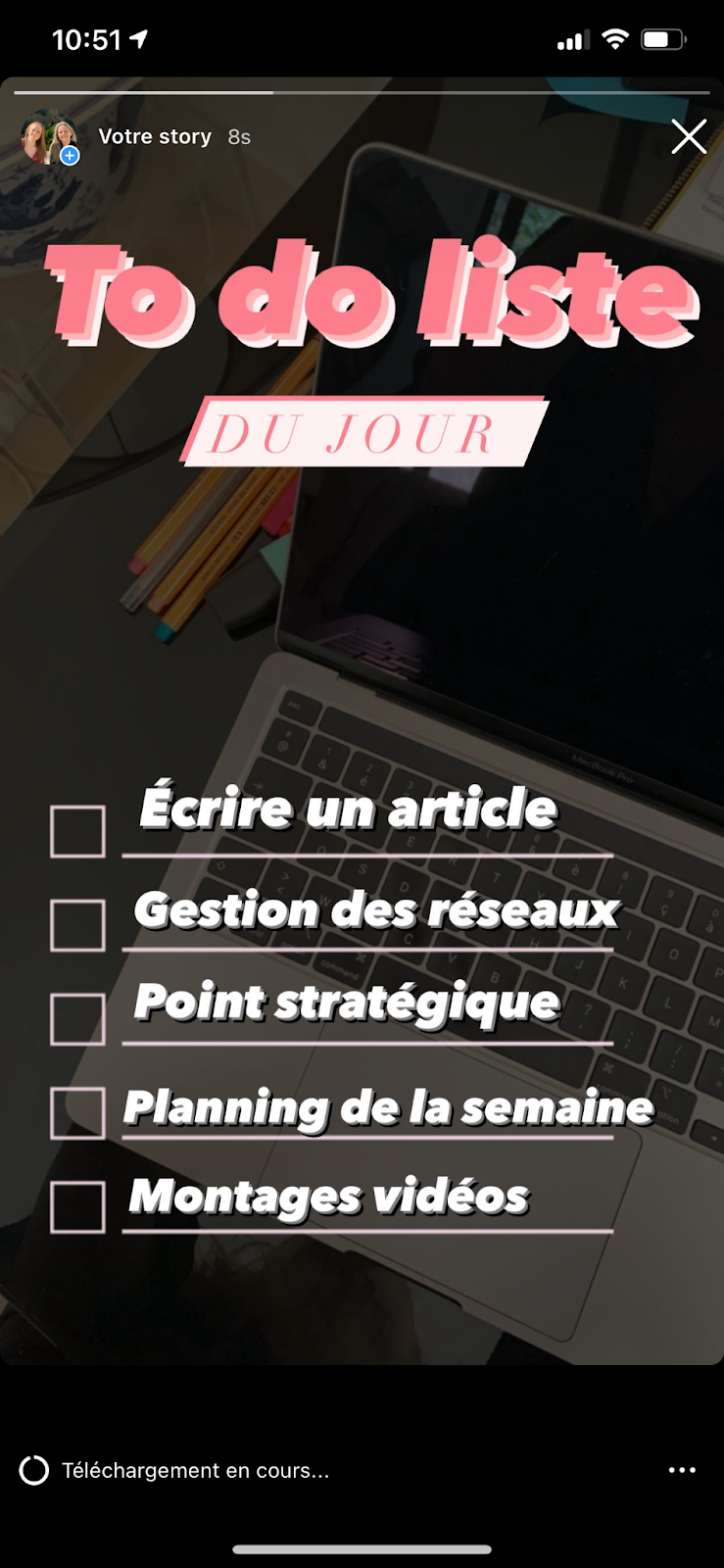 Exemple du filtre to do list sur les stories instagram pour se démarquer