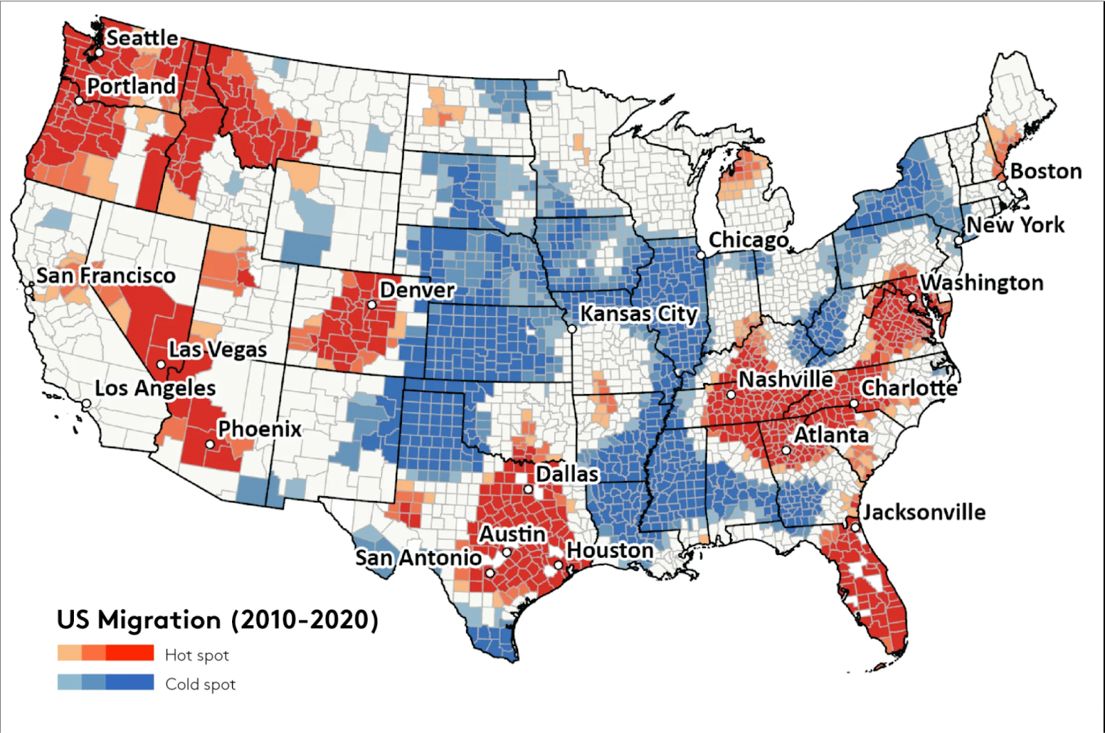 Map of United States migration from 2010-2020, courtesy of CNBC and University of Vermont