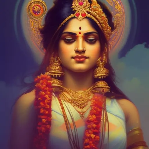 In this illustration, Devi wears gold jewelry and a garland of reddish-orange flowers around her neck.