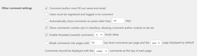 Outras configurações de comentários