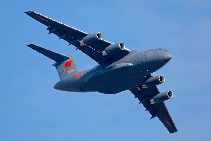A Chinese People's Liberation Army Air Force Y-20 transport aircraft