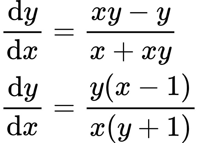 {"font":{"family":"Arial","color":"#000000","size":10},"code":"\\begin{align*}\n{\\diff{y}{x}}&={\\frac{xy-y}{x+xy}}\\\\\n{\\diff{y}{x}}&={\\frac{y\\left(x-1\\right)}{x\\left(y+1\\right)}}\t\n\\end{align*}","type":"align*","id":"51","ts":1598438134679,"cs":"iePHIQeL9kgy73V3ChgNig==","size":{"width":108,"height":78}}