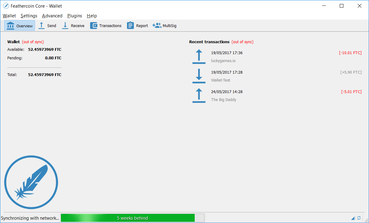 Feathercoin core wallet page.
