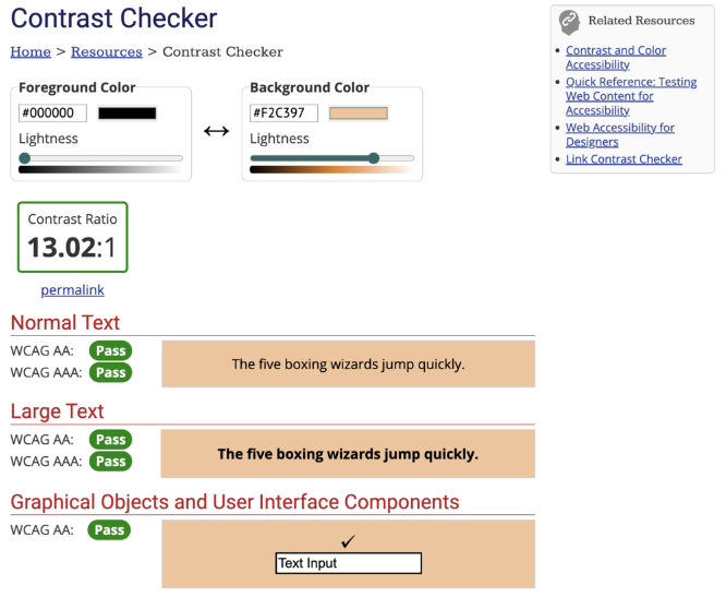 Página do verificador de contraste WebAIM Contrast Checker
