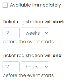 print screen of the option to choose a starting and ending date to determine when your event can be registered by your customers