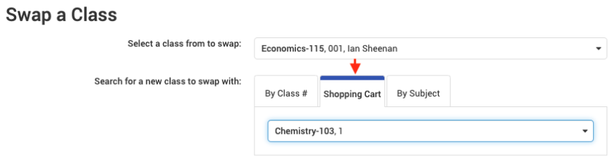 To swap out a course from the cart, replace it with a CRN, a prior cart selection, or search for the new course