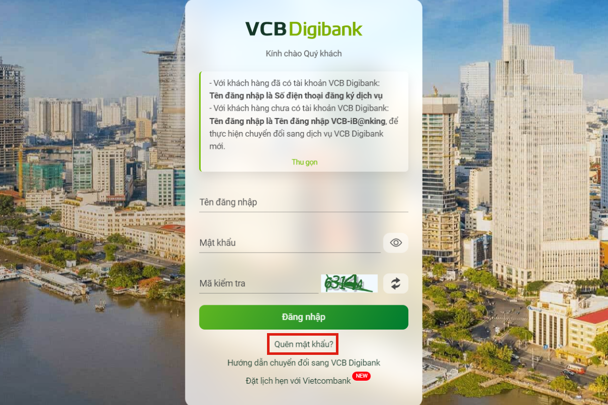 Hướng dẫn cách đổi mật khẩu Banking Vietcombank trên website