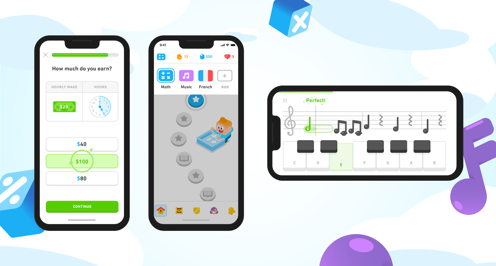 Three iPhone screens show different elements of the new Duolingo experience. The first shows a Math lesson where a learner calculates hourly wage. The second shows the course picker, with Math and Music icons next to a French course flag. And the third shows an iPhone oriented horizontally with a keyboard and staff of notes, and it is implied that the learner is playing along on the keyboard as the notes move on screen.