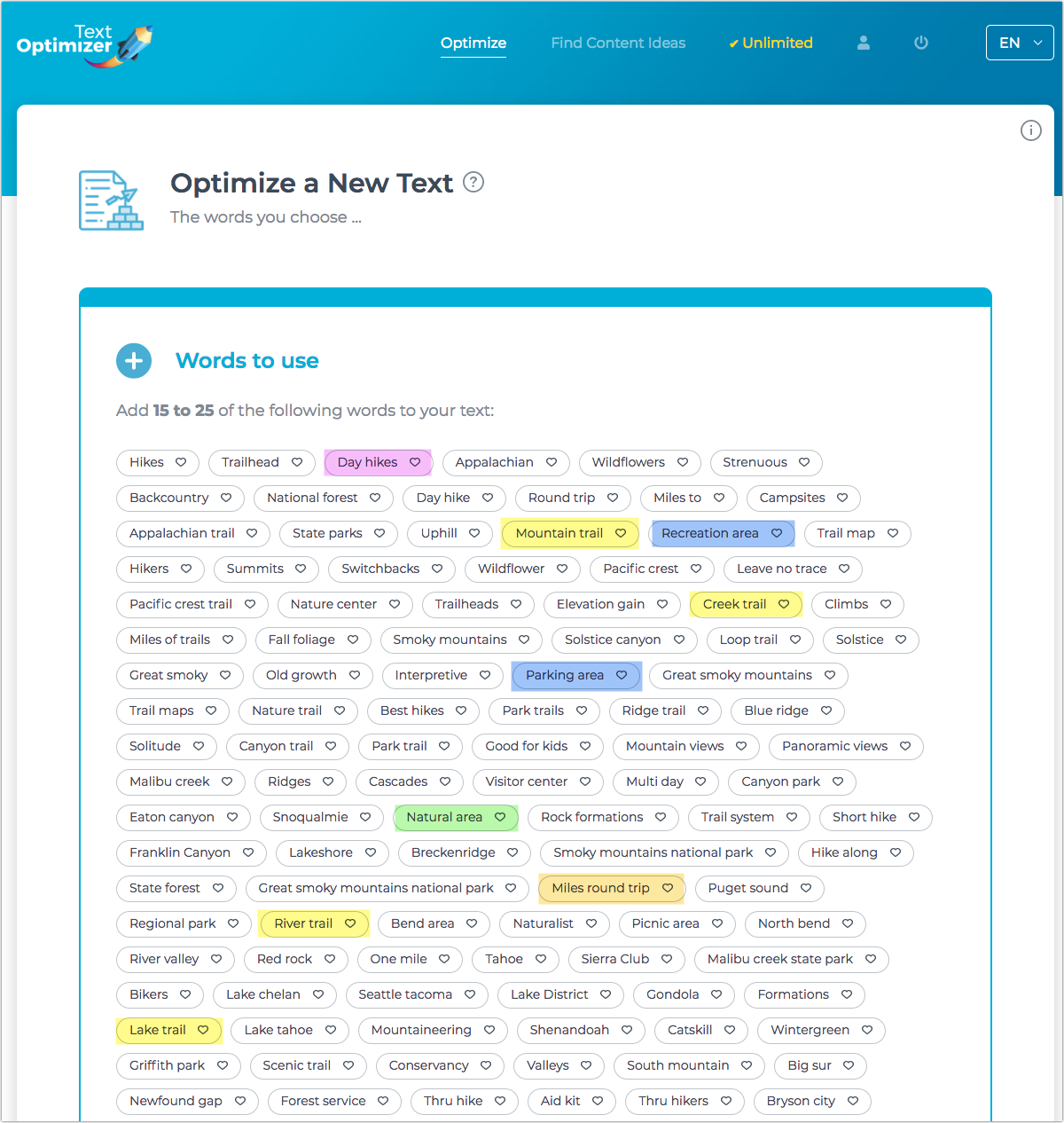 screenshot of text optimizer that shows how to identify related terms.