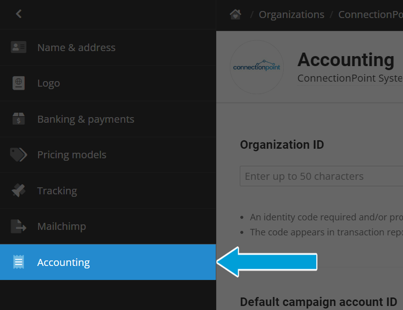 Screenshot showing the organization settings menu. The left sidebar menu has the seventh option "Accounting" highlighted with a blue arrow pointing to it. 