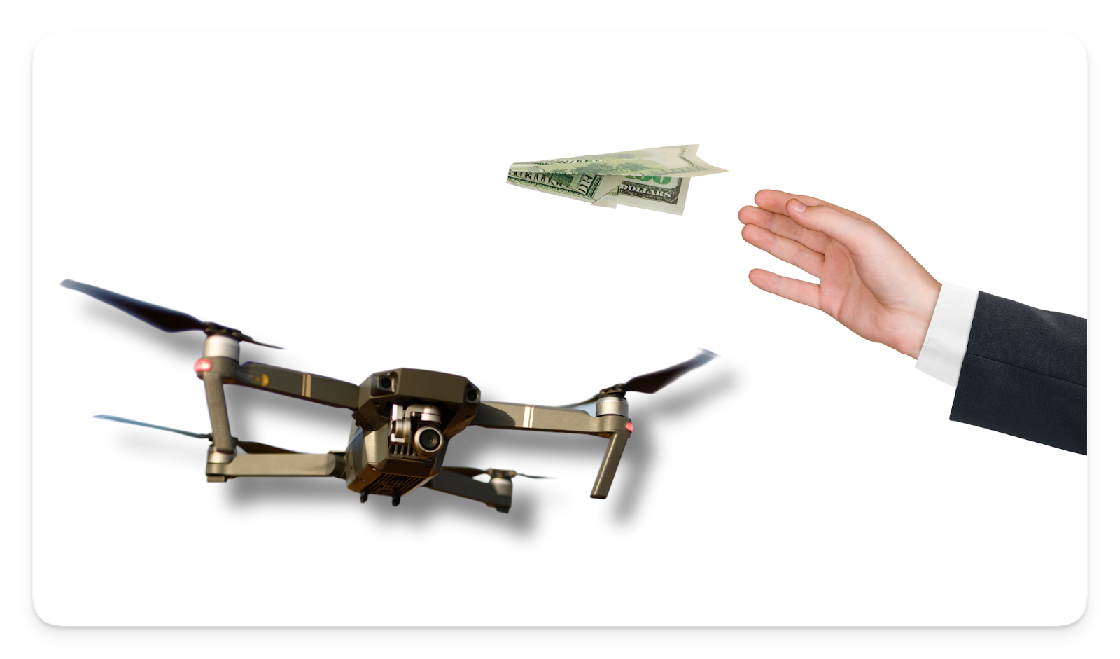 A drone with money flying in the background.
