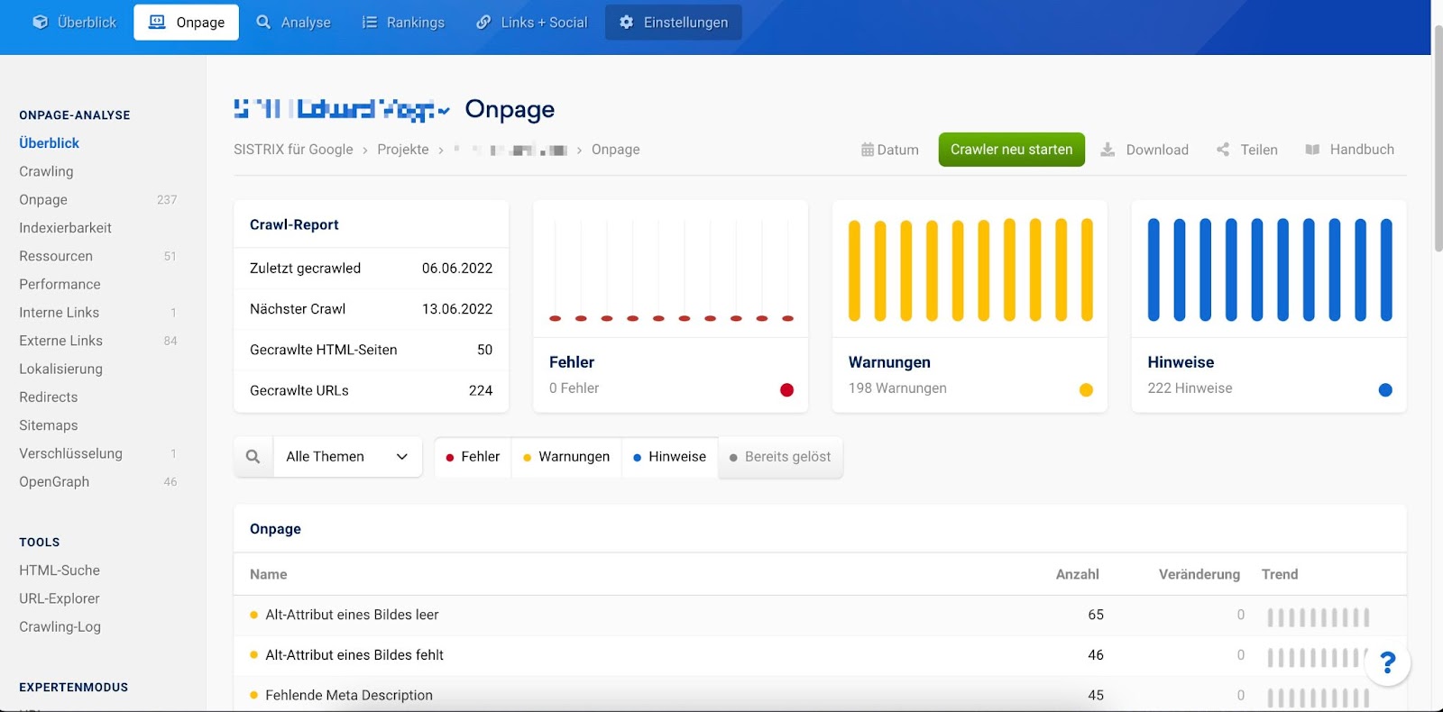 OnPage-Parametern werden separat in OnPage-Analyse analysiert