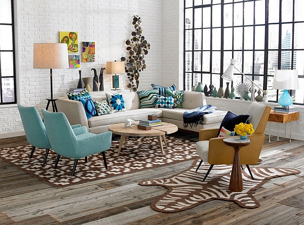 Fun, artsy and eclectic retro living room that still keeps to a certain color theme