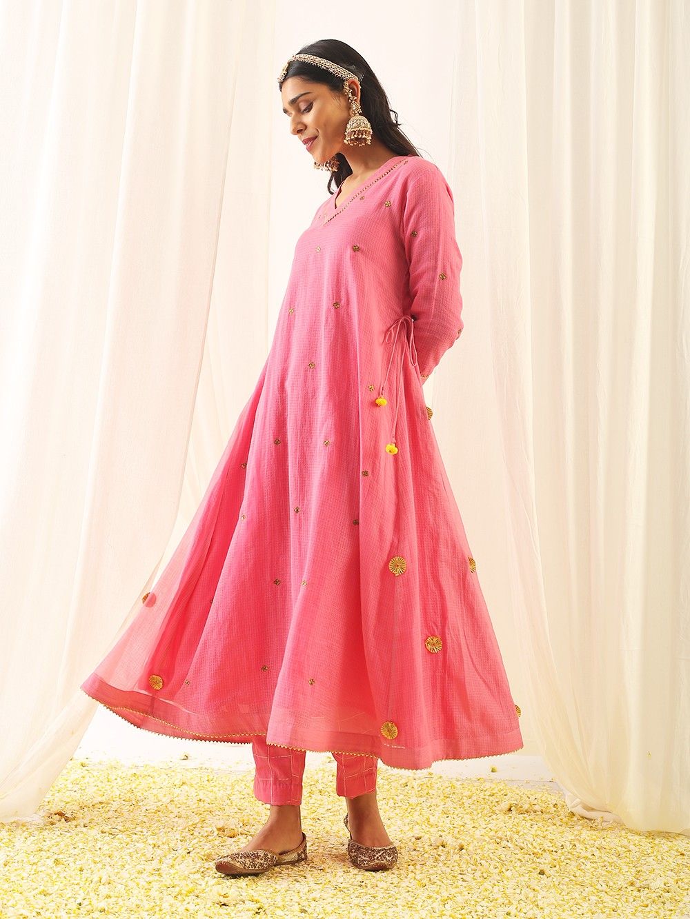 the loom - Pink Sequins Embroidered Kota Doria Anarkali Kurta