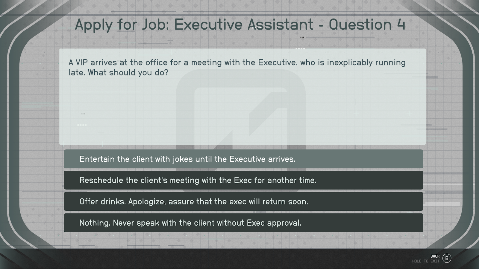 An in game screenshot of one of the job application questions for the Executive Assistant job for Deimos Staryard in the game Starfield. 
