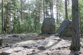 Large memorial stone with carved writing stands at the edge of a clearing in the woods in Sweden, a marker to the victims of mass executions.