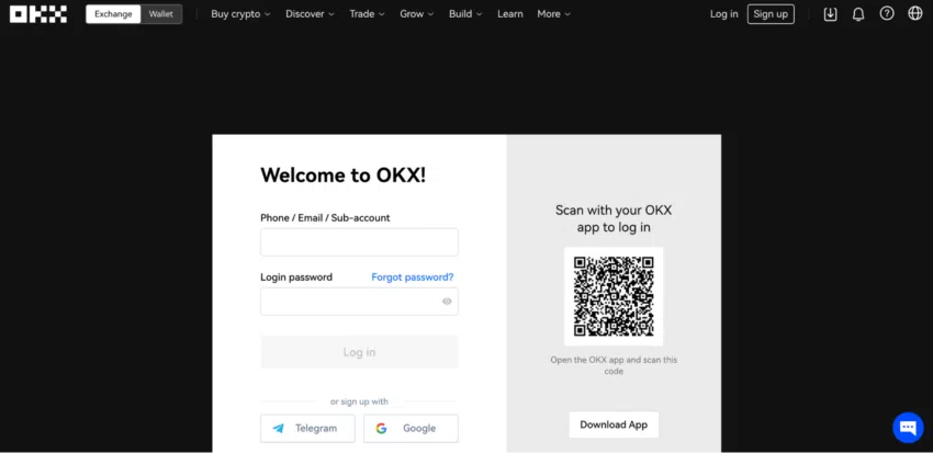 Man sieht das Registrationsmenü auf OKX - Ein Bild von okx.com.