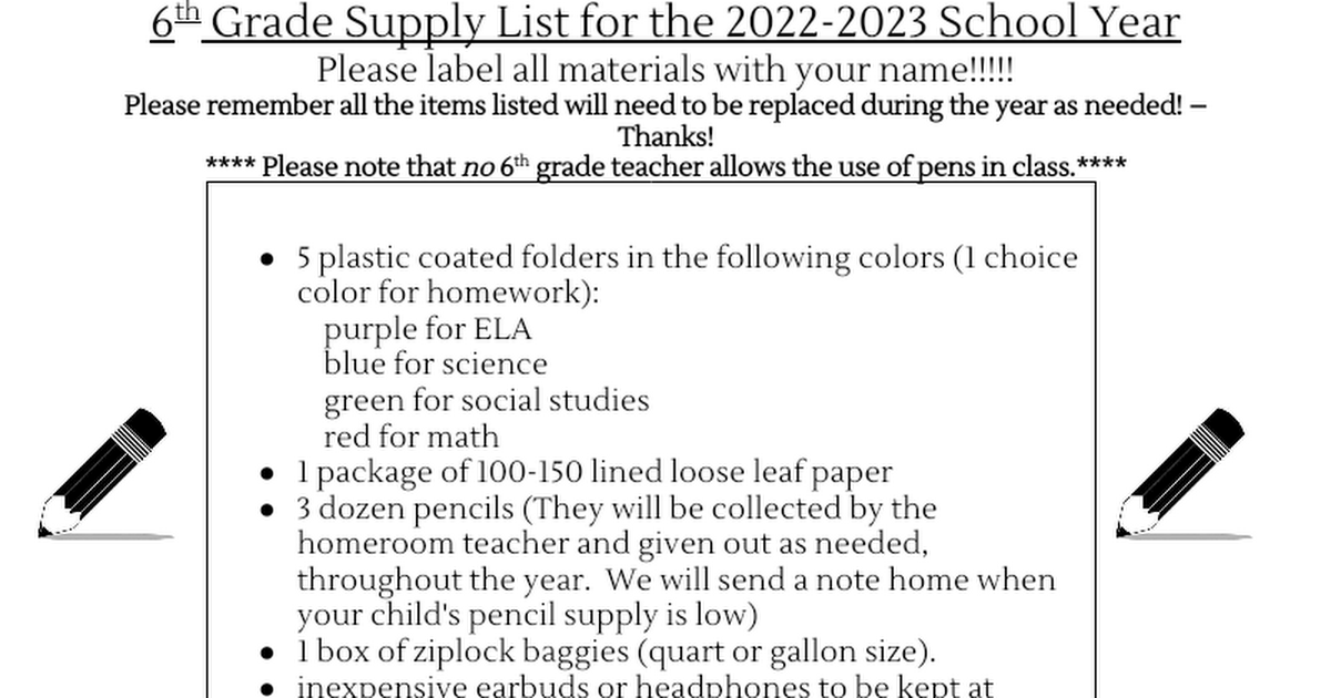 6th grade supply list 2022-2023