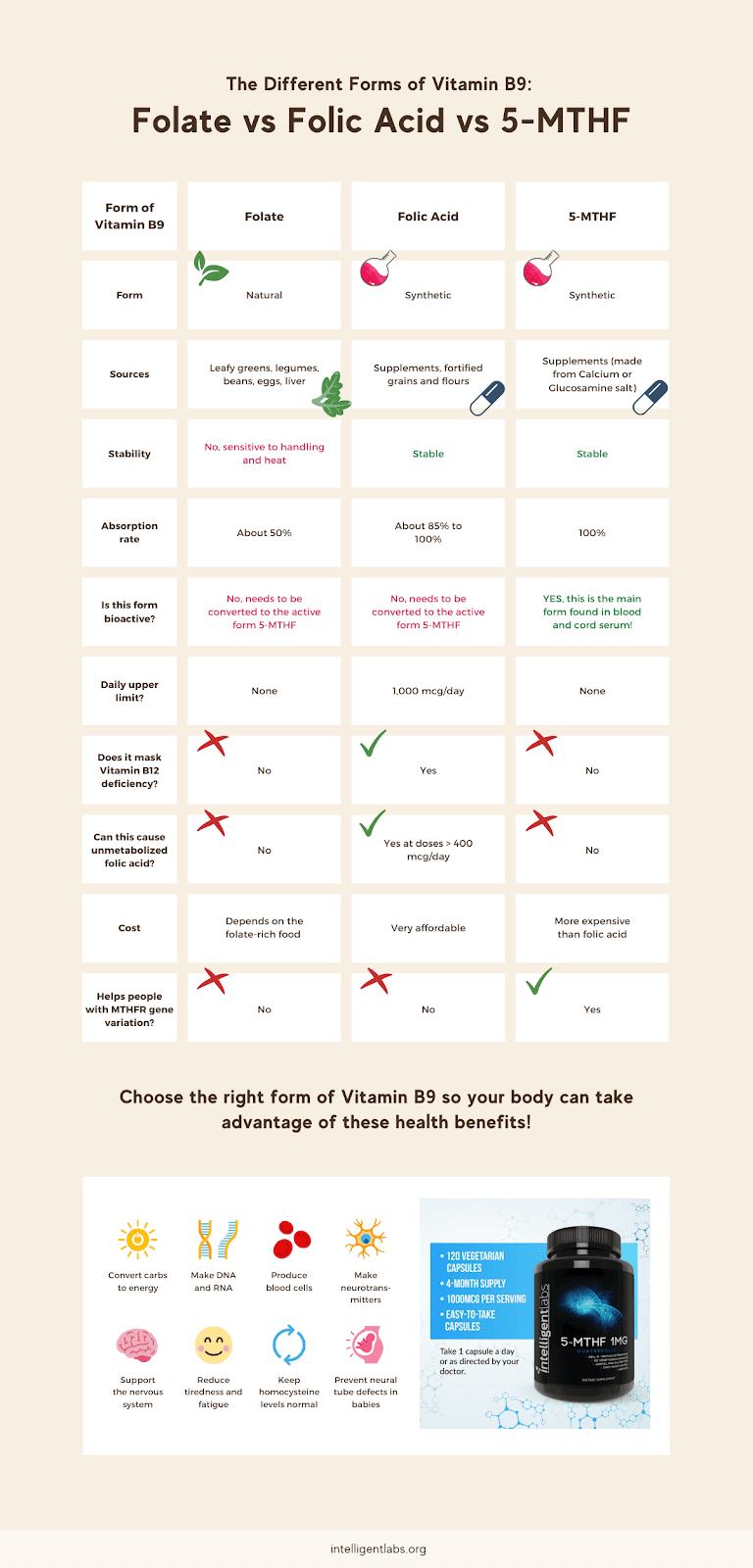 rôzne formy vitamínu B9 - folát vs kyselina listová vs 5-mthf