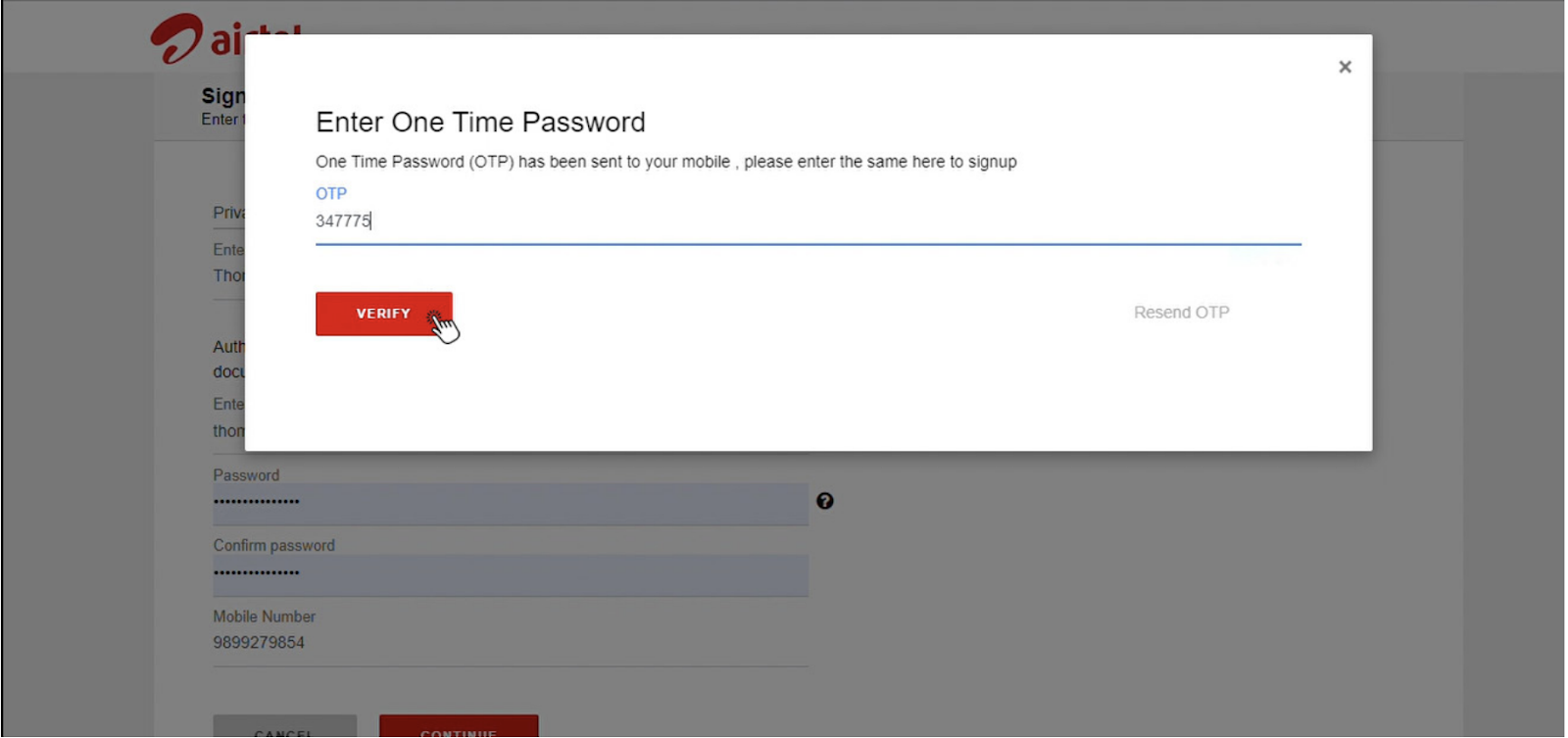 One Time Password pop up on Airtel DLT portal during registration | SMSCountry