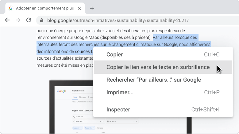 Interface utilisateur du navigateur Chrome affichant une recherche dans les onglets portant sur le terme 
