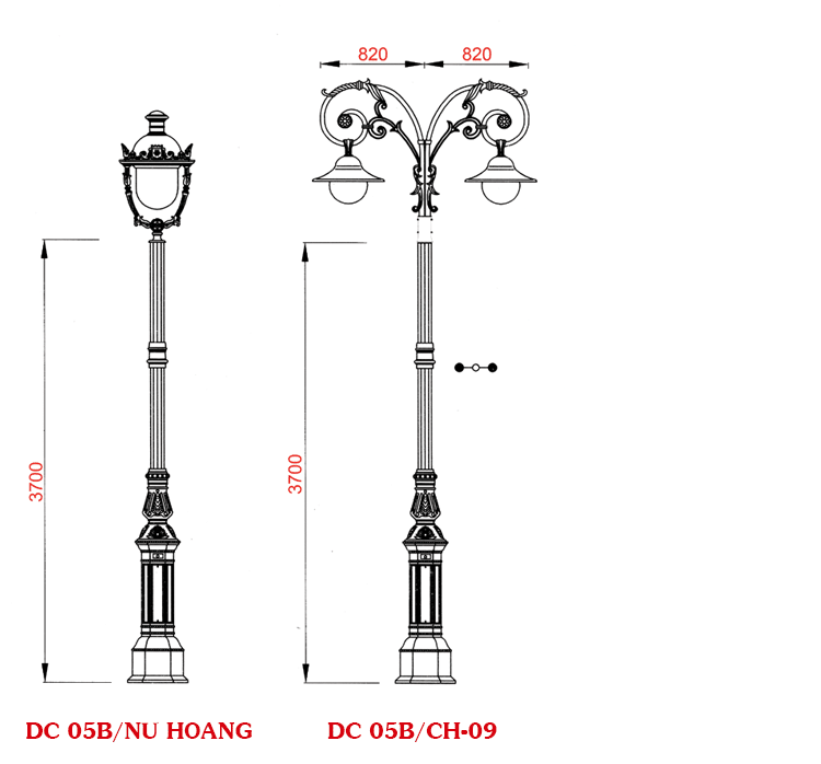 Cột đèn sân vườn DC05B đế gang, thân nhôm đúc cao 3,33m