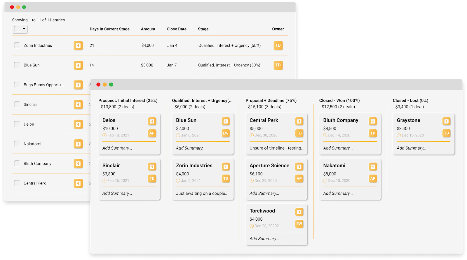 Mockup of VipeCloud's table and card view for pipelines