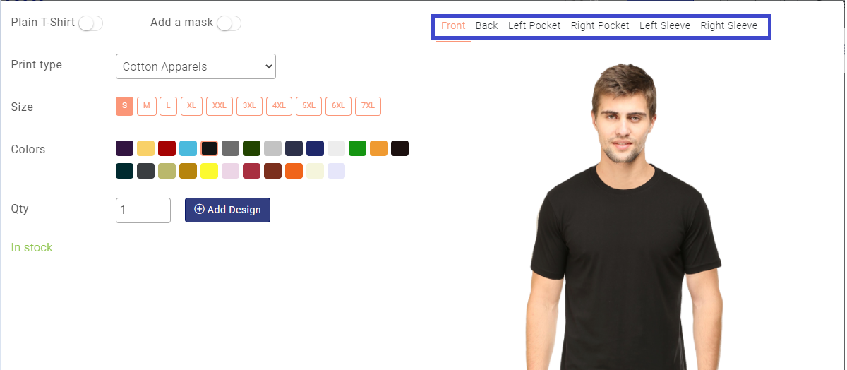 print placements shown for the printable black t-shirt in qikink dashboard