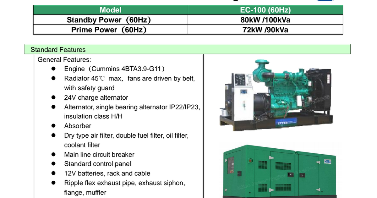 Datasheet of cummins 80kw 100kva diesel genset ec 100 4bta3 9 g11 60hz