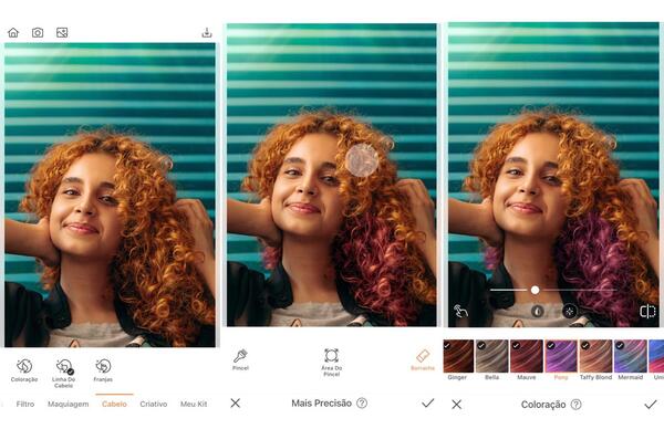 Montagem de fotos de uma mulher ruiva com cabelos encaracolados sendo editada pelo AirBrush