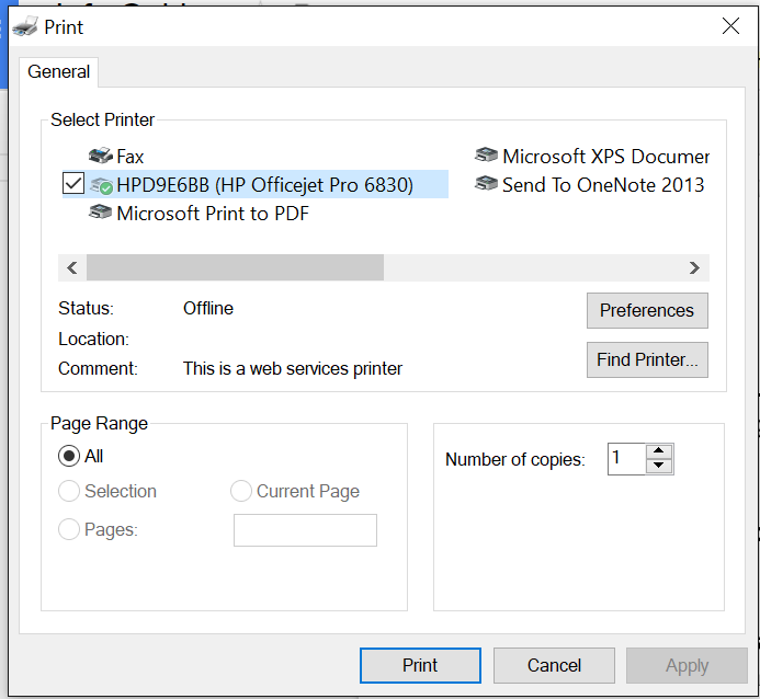 image depicting the print dialogue in windows