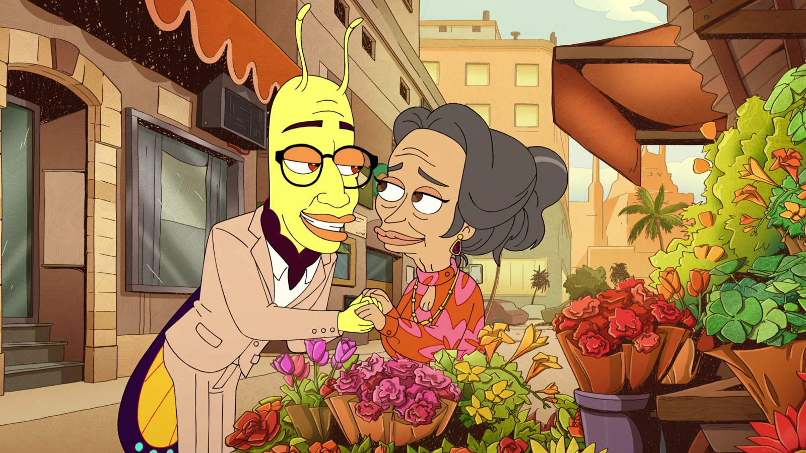 Yellow cartoon grasshopper in a beige suit and black eyeglasses holding the hands of an elderly woman, also a cartoon. They gaze lovingly into one another's eyes.