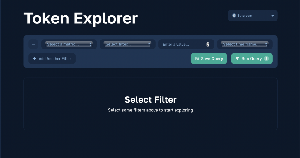 Showing how to select a metric, filter, enter a value, select a timeframe, and run your query using Moralis Money Token Explorer