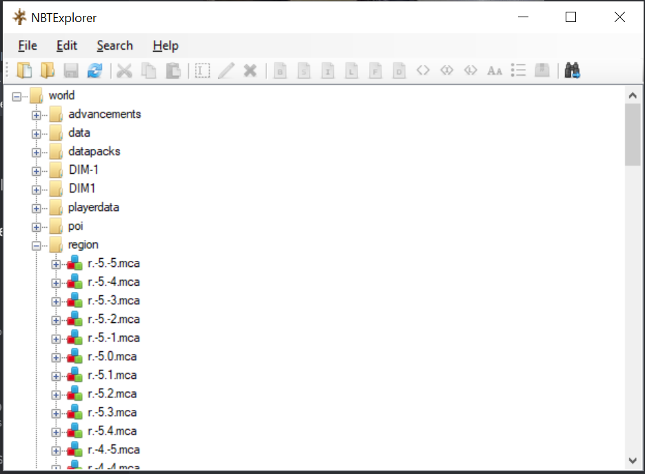 NBTExplorer showing a ton of region files