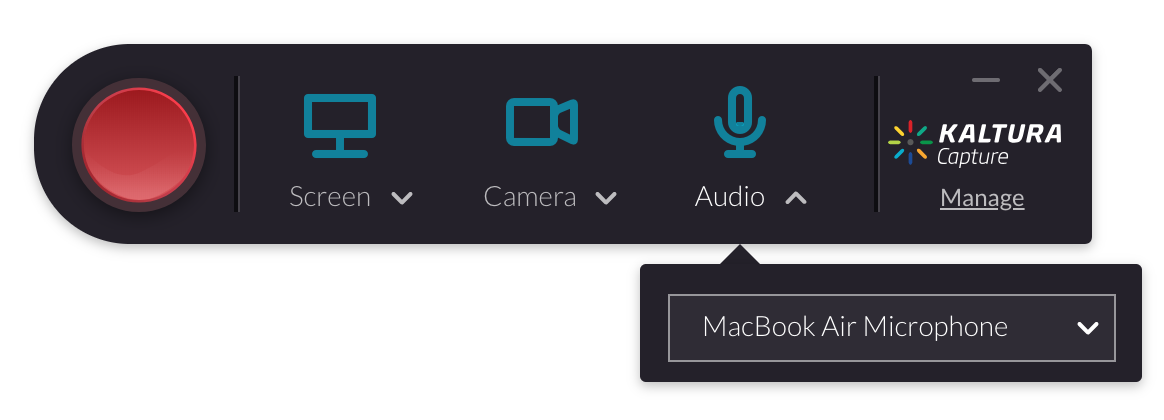 Screenshot of the Kaltura Desktop recording controls with the audio dropdown menu opened