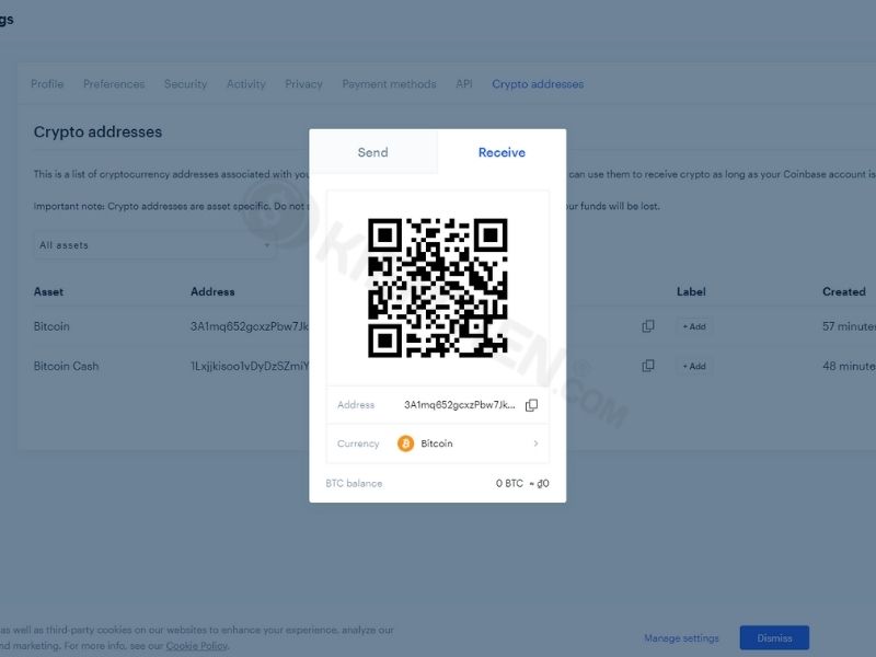 Copy địa chỉ ví Bitcoin trên Coinbase để nạp tiền vào Coinbase