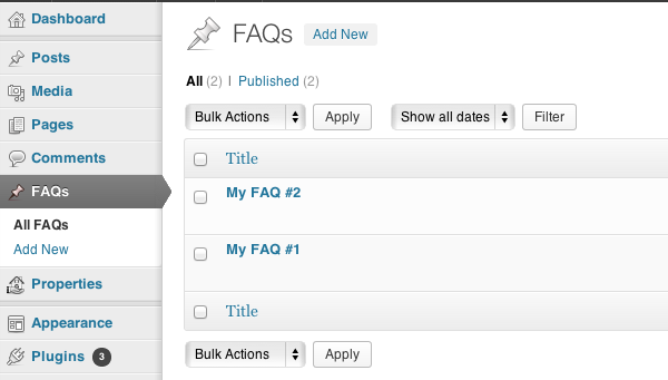 Painel de administração do plugin WordPress FAQ
