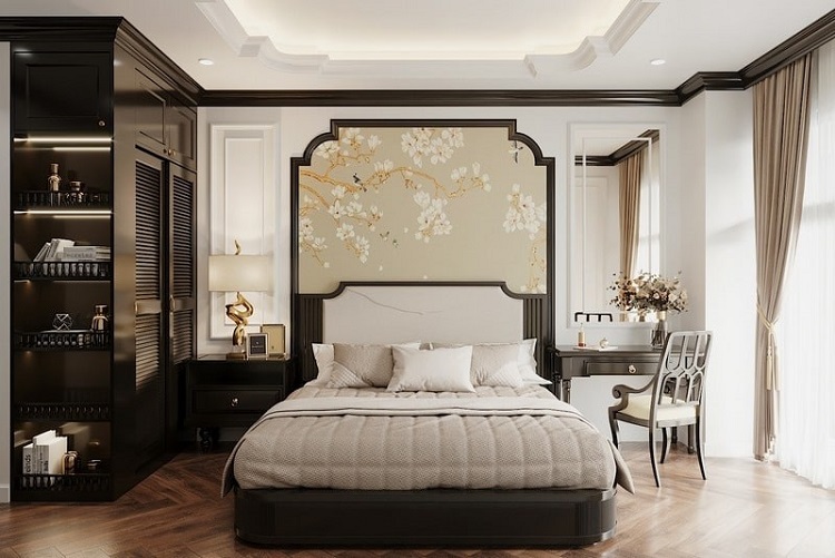 Tranh dán đầu giường màu kem làm nổi bật lên vẻ đẹp của phòng ngủ theo phong cách Indochine đặc trưng