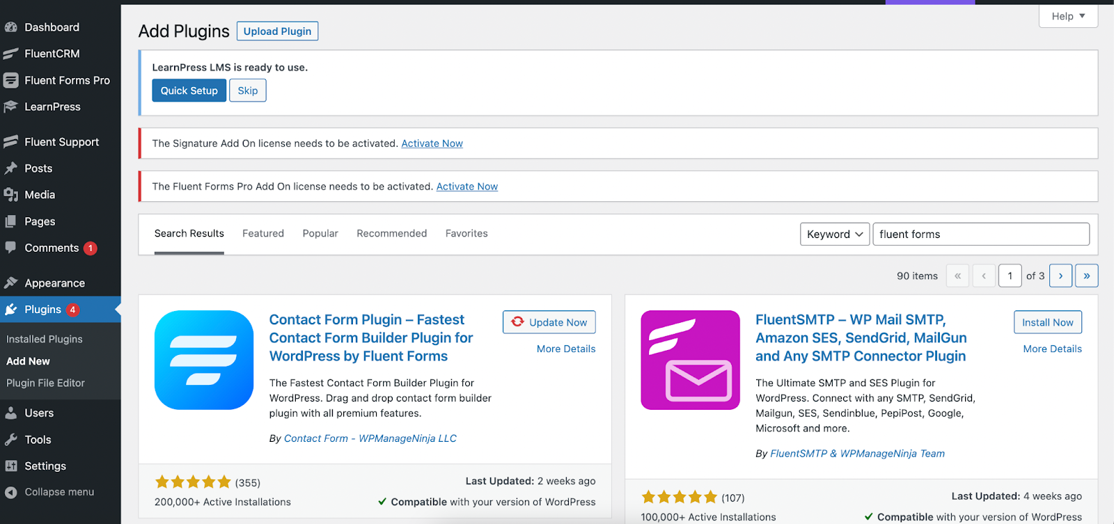 WordPress dashboard, plugin downloads