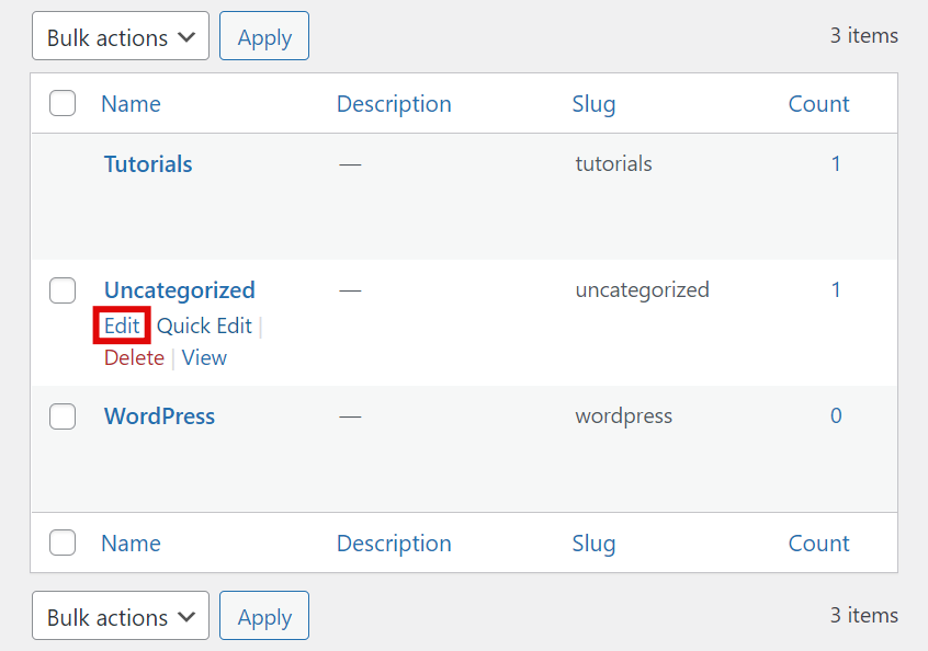 Destaque para o botão de Editar categoria Uncategorized pelo painel do WordPress