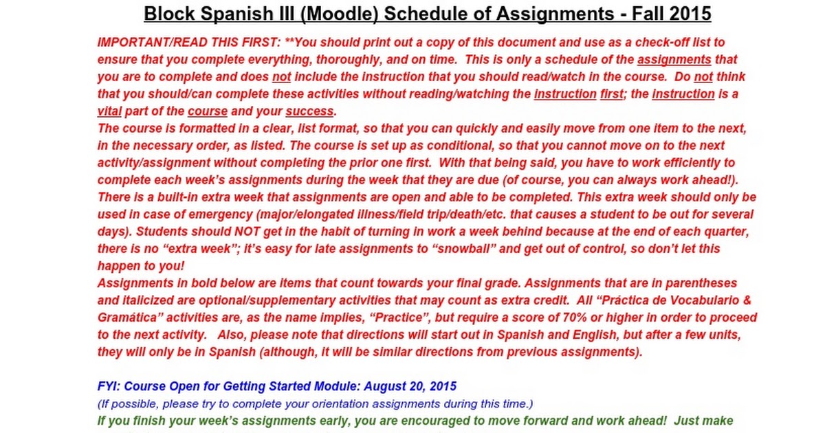 Block Spanish III Schedule of Assignments - Moodle - Fall 2015