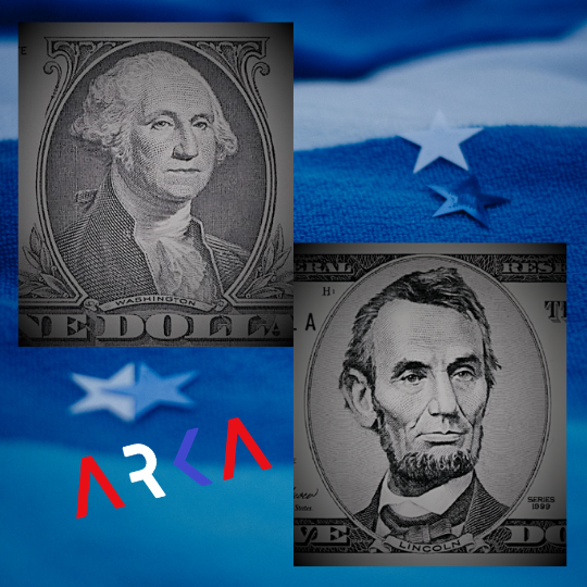 President Lincoln and President Washington with a background of the flag 
