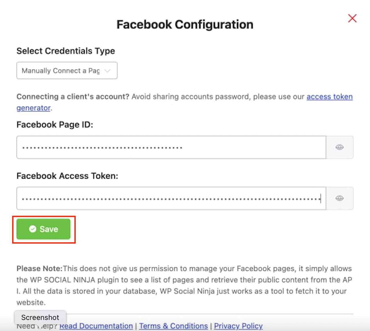 Facebook login documentation - configuration page